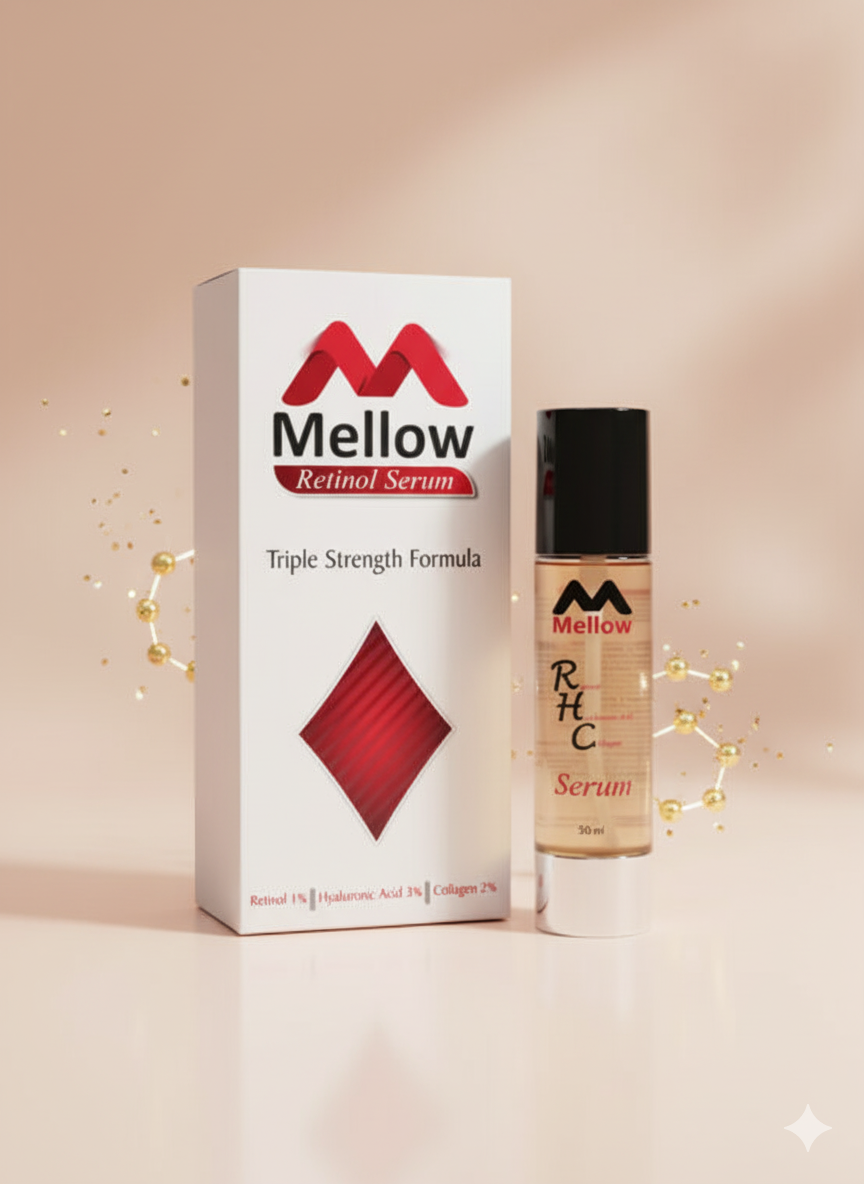Mellow Retinol Serum 50ml Mellow Retinol Serum reduces fine lines, boosts collagen, and brightens skin for a smooth, youthful glow.